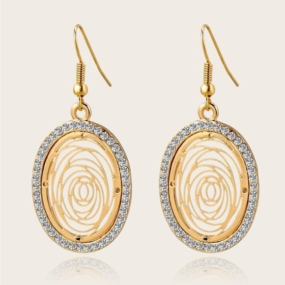 Camellia Flower Round Rhinestone Gold  Drop Earrings - Picture 5 of 13